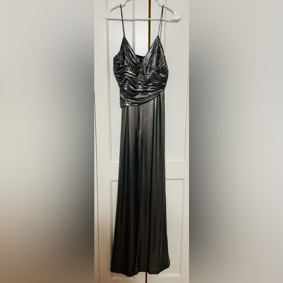 RETROFETE EVERLY METALLIC SILVER GUNMETAL FLARE WIDE LEG JUMPSUIT - Picture 9 of 15